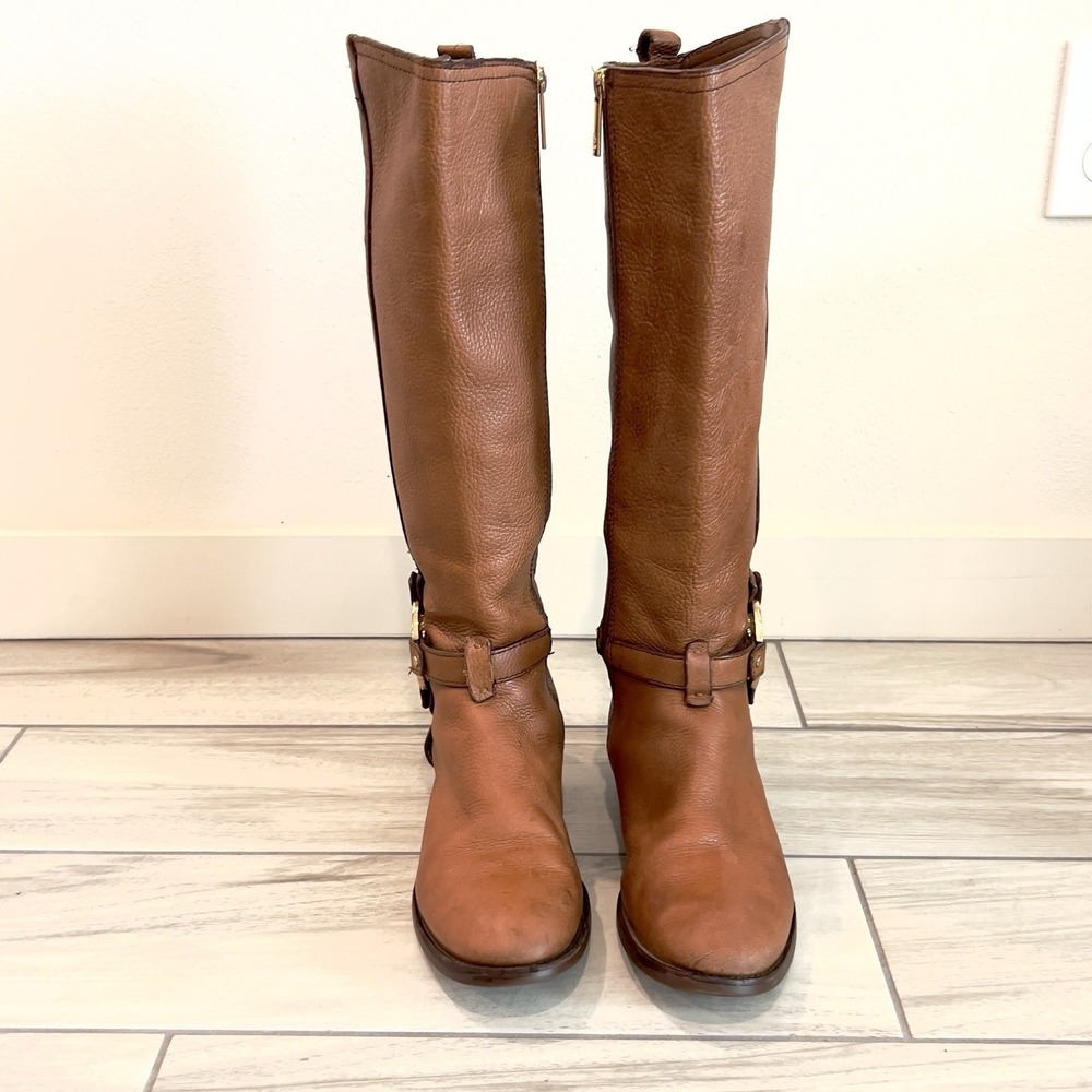 Tory Burch Amanda Riding Boot Women Tan Pebbled Leather Gold Logo Good Condition - Picture 5 of 11